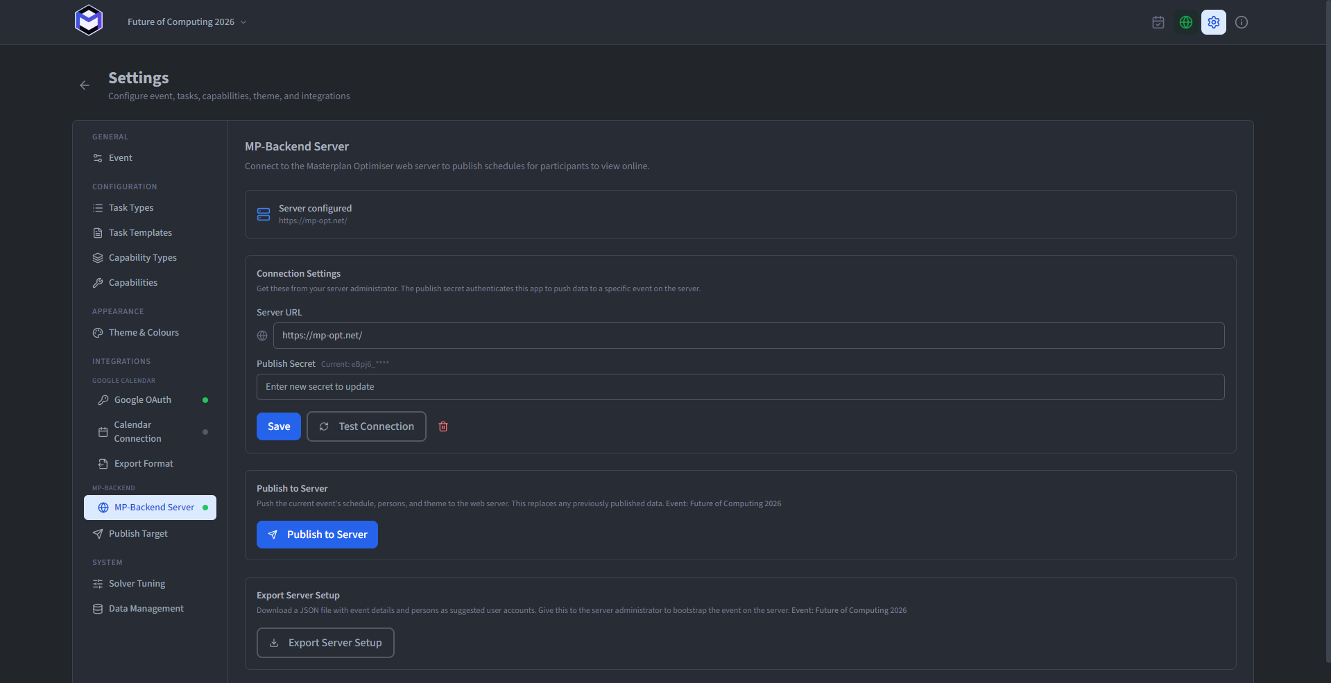 Desktop app Settings page showing the MP-Backend Server section with URL and secret fields