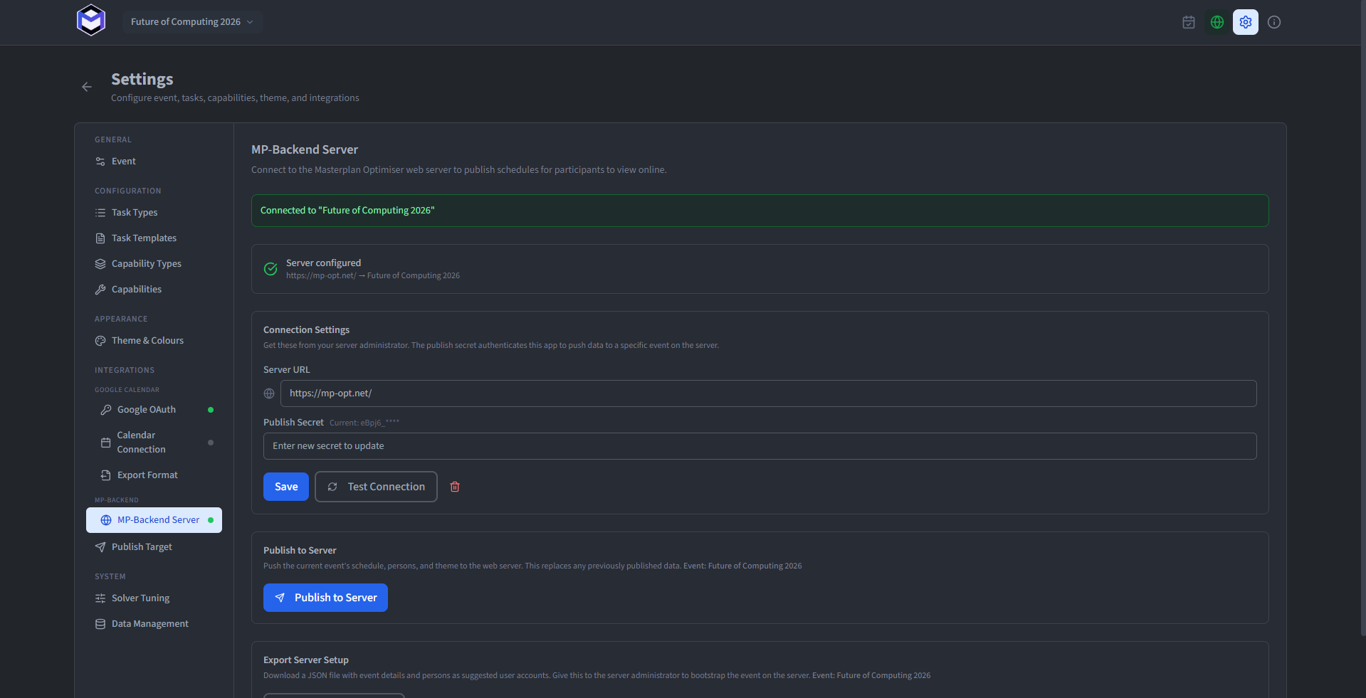 Desktop app showing a successful connection test with a green confirmation message