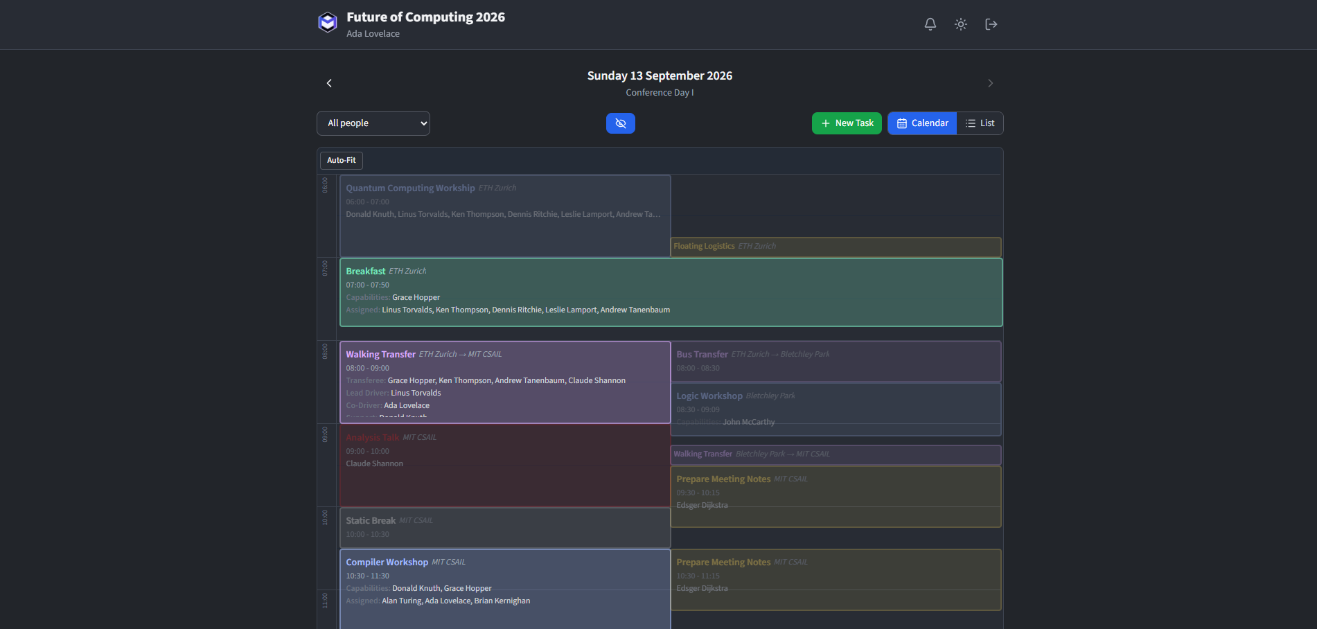 The calendar grid showing tasks as coloured blocks on an hourly timeline