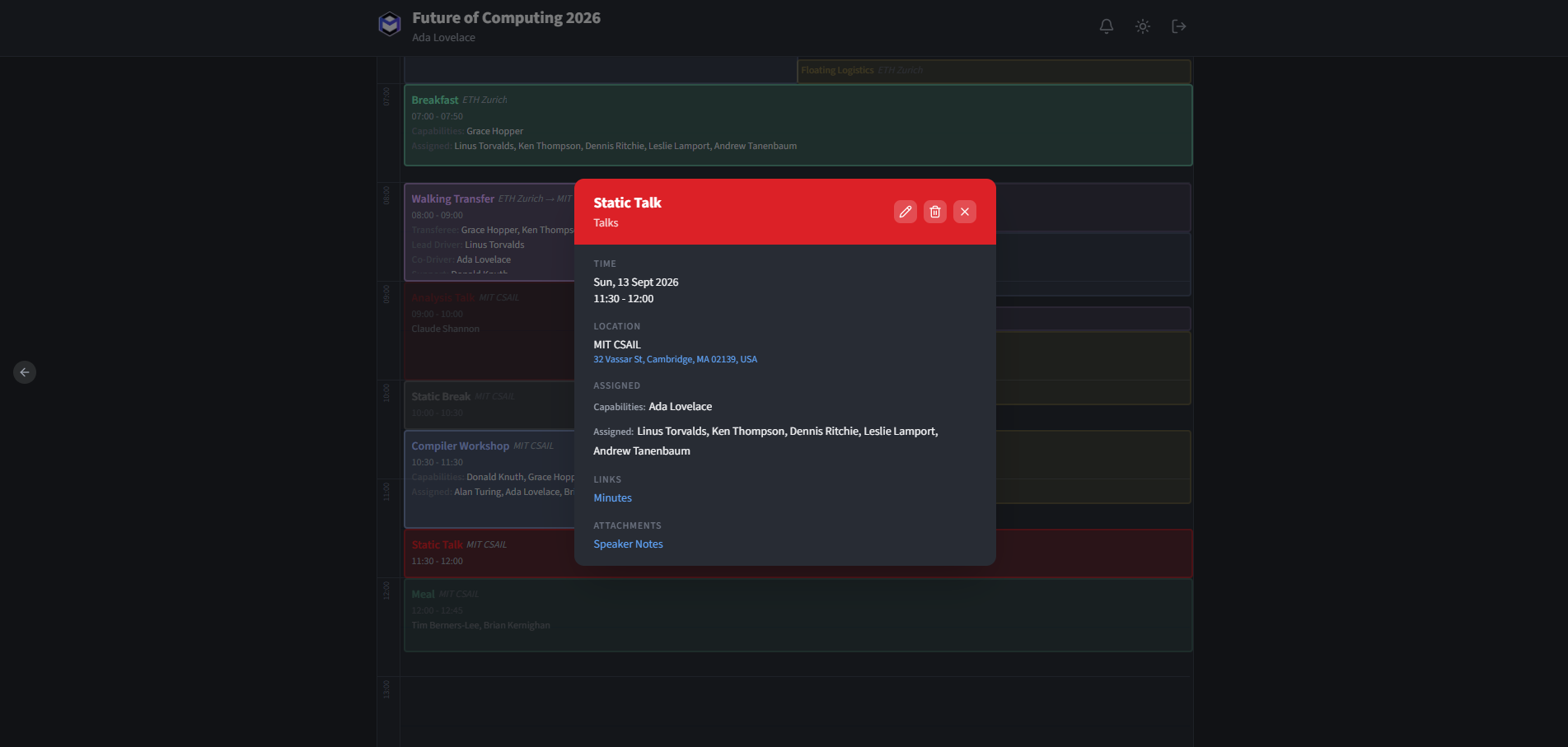 The task detail panel showing name, time, location, description and attendees