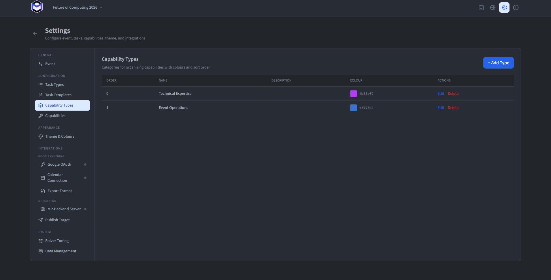 The capability types settings showing name, sort order, and colour for each type