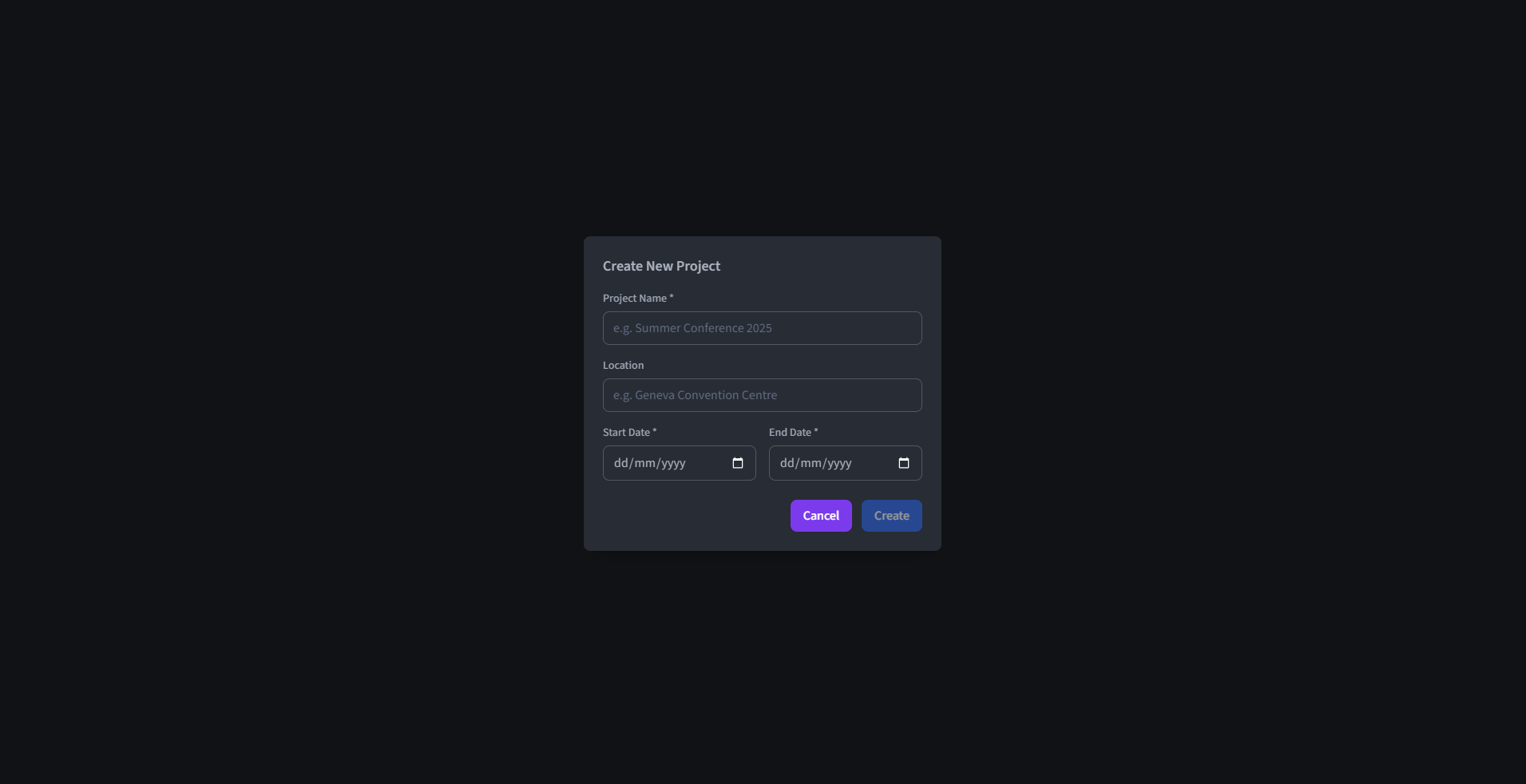 The create event dialog with fields for name, location, start date, and end date