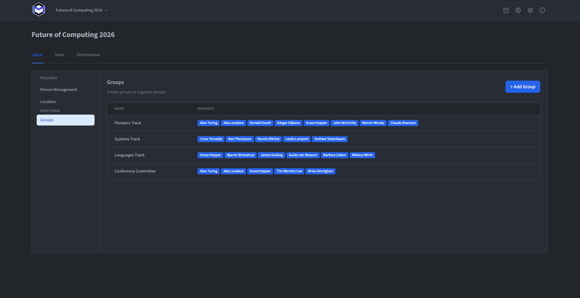 The groups management view showing a group with its assigned members