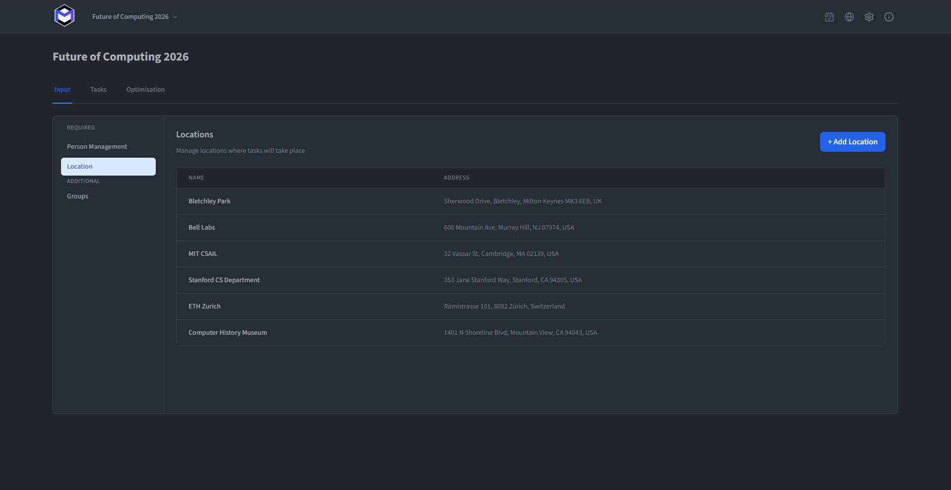 The location management view showing locations with their names and addresses