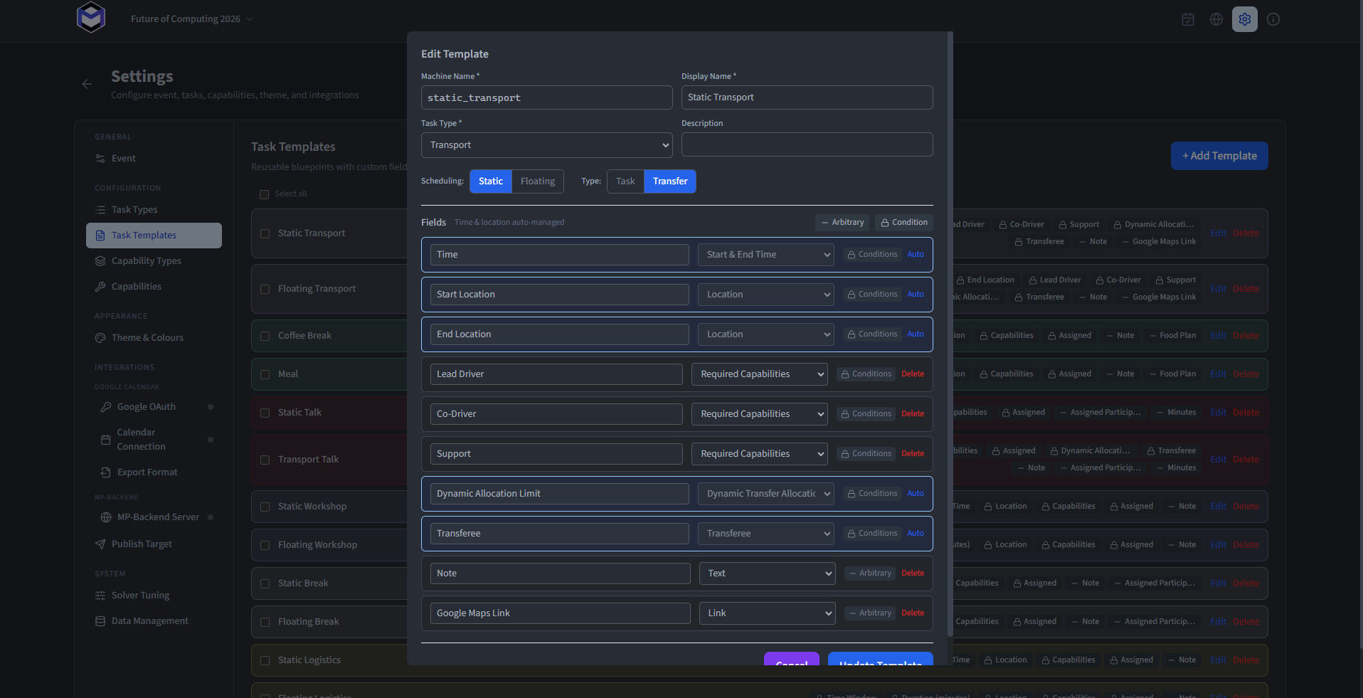 A task template showing condition fields and arbitrary fields