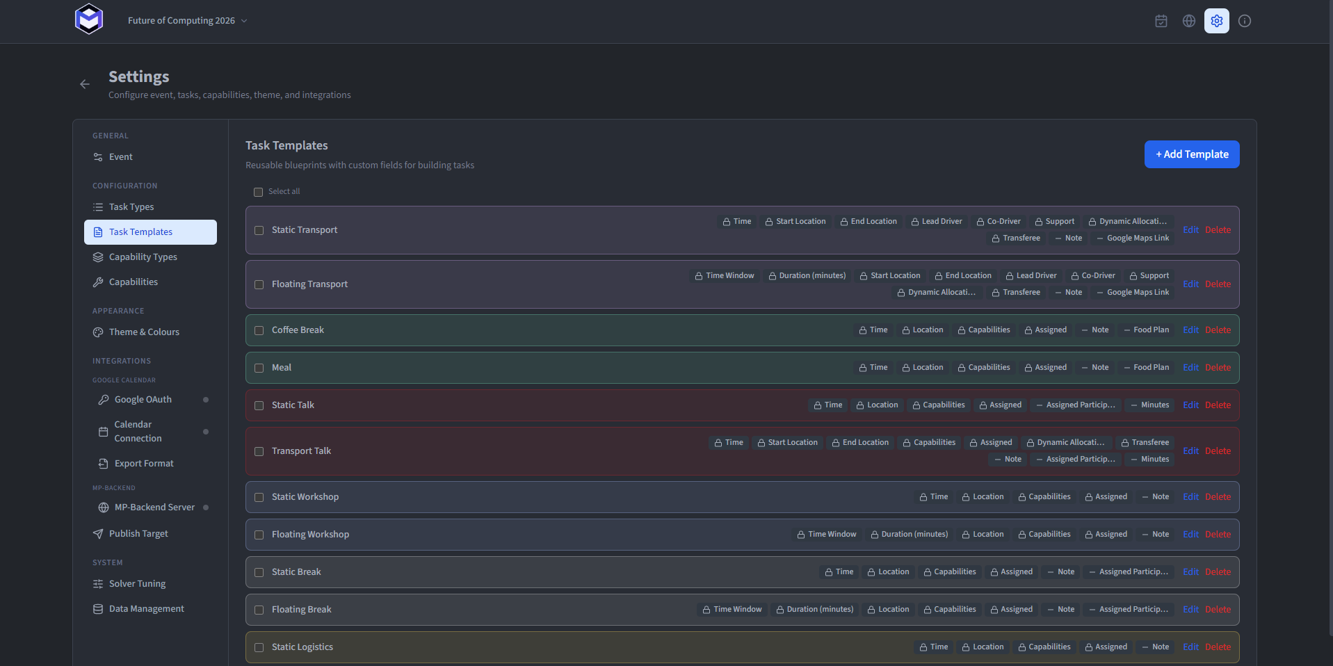 The task templates management view showing templates with their names and associated types