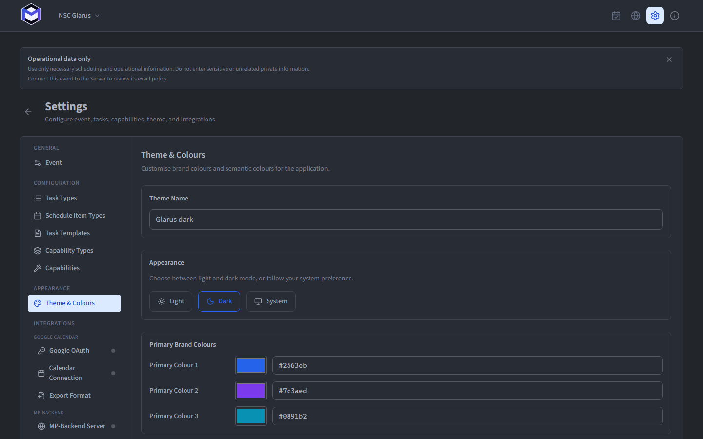 NSC Glarus theme settings with dark mode selected
