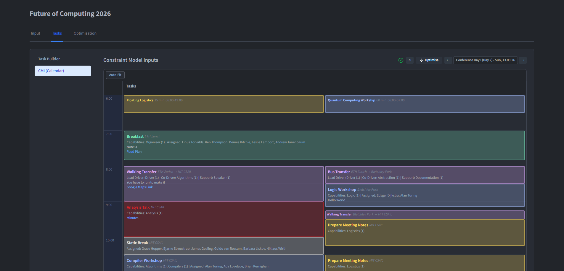 The CMI calendar view showing tasks as colour-coded blocks on an hourly grid