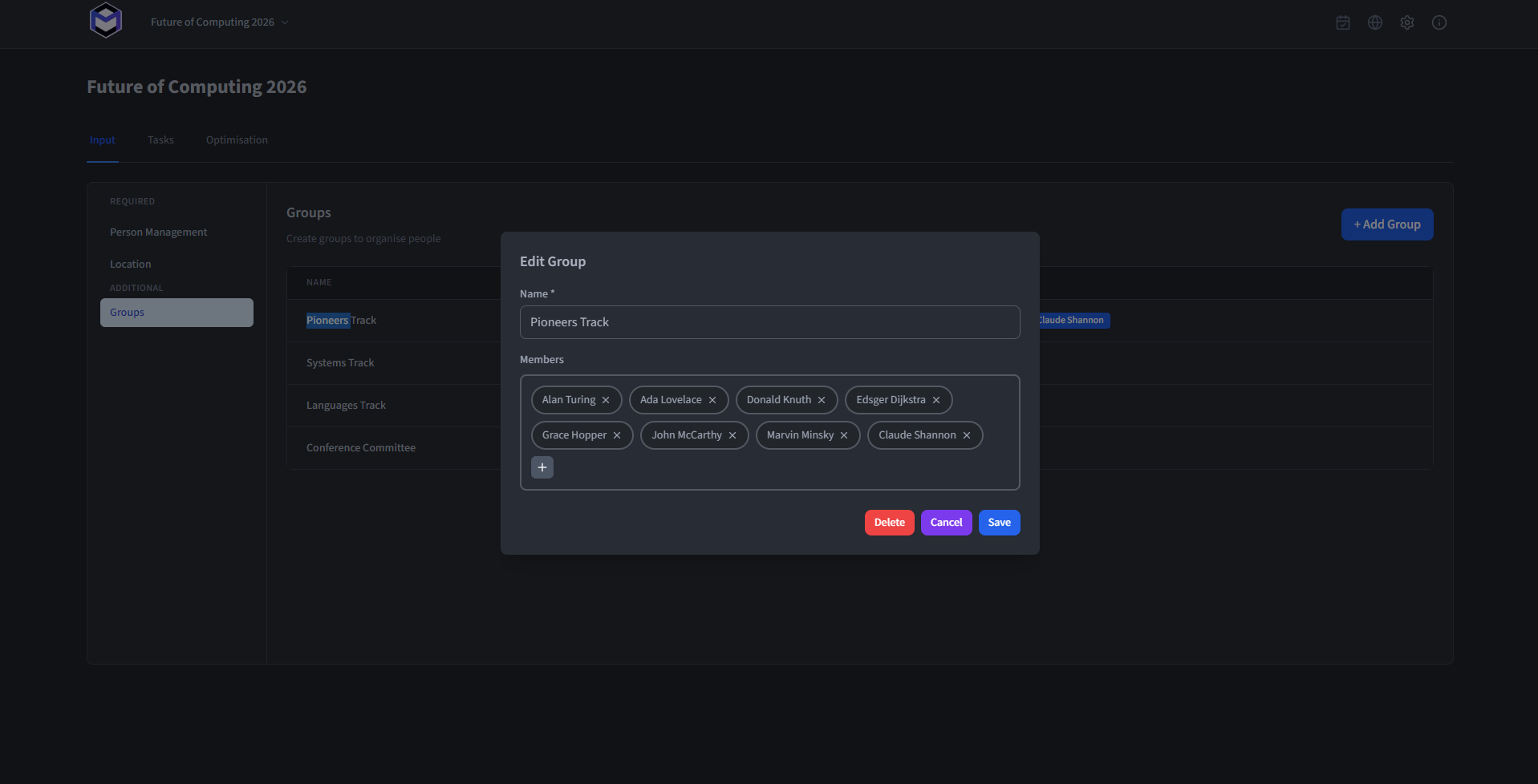 The group edit modal showing a group name and its member list