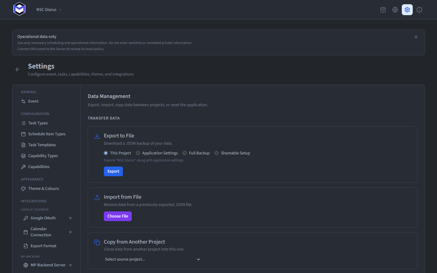 NSC Glarus Desktop data-management settings for project import and export