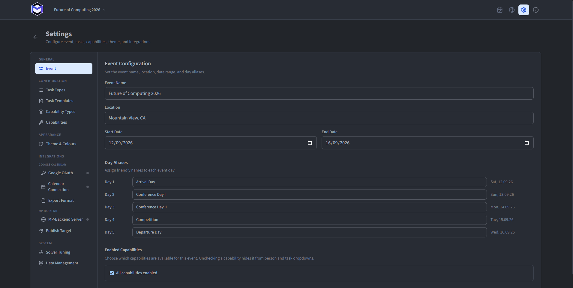 The settings page with sidebar navigation showing all sections