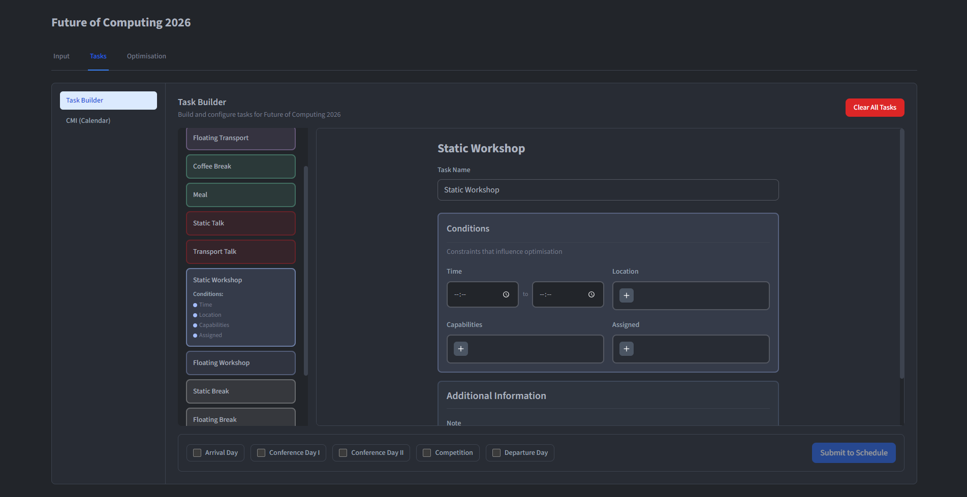 The three-panel task builder layout with template selector, field form and day selector