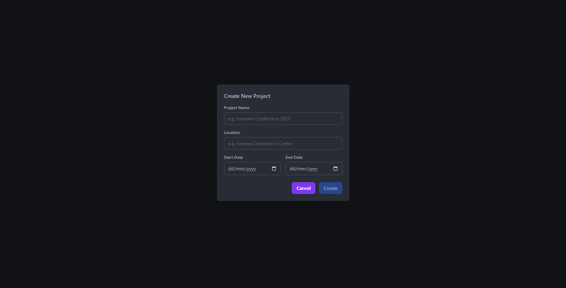 Create Event dialogue with name, start date, and end date fields