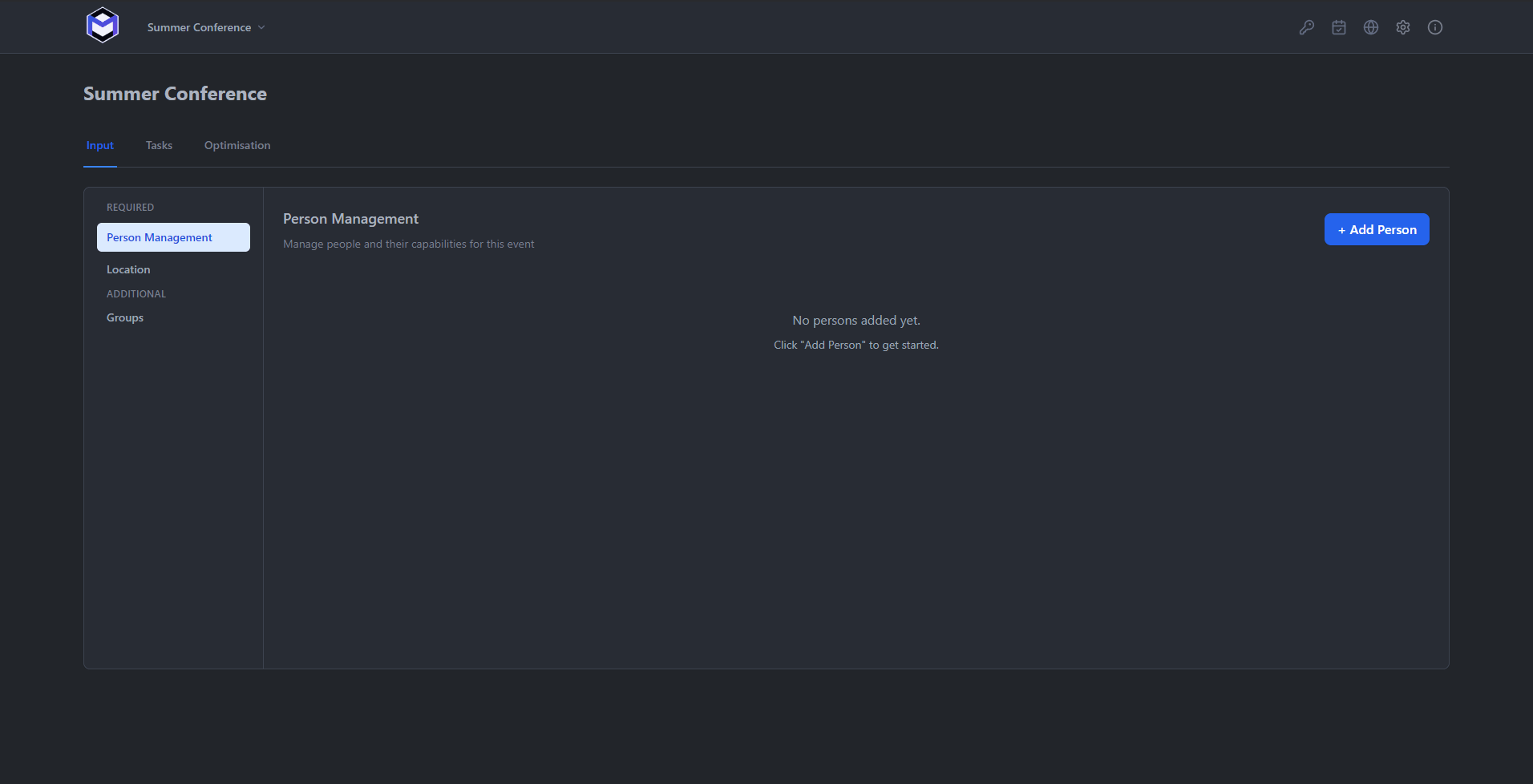 The Dashboard with the three tabs - Input, Tasks, and Optimisation - visible