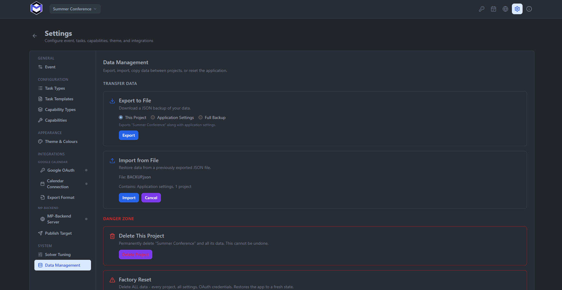 The import dialogue with a JSON file selected