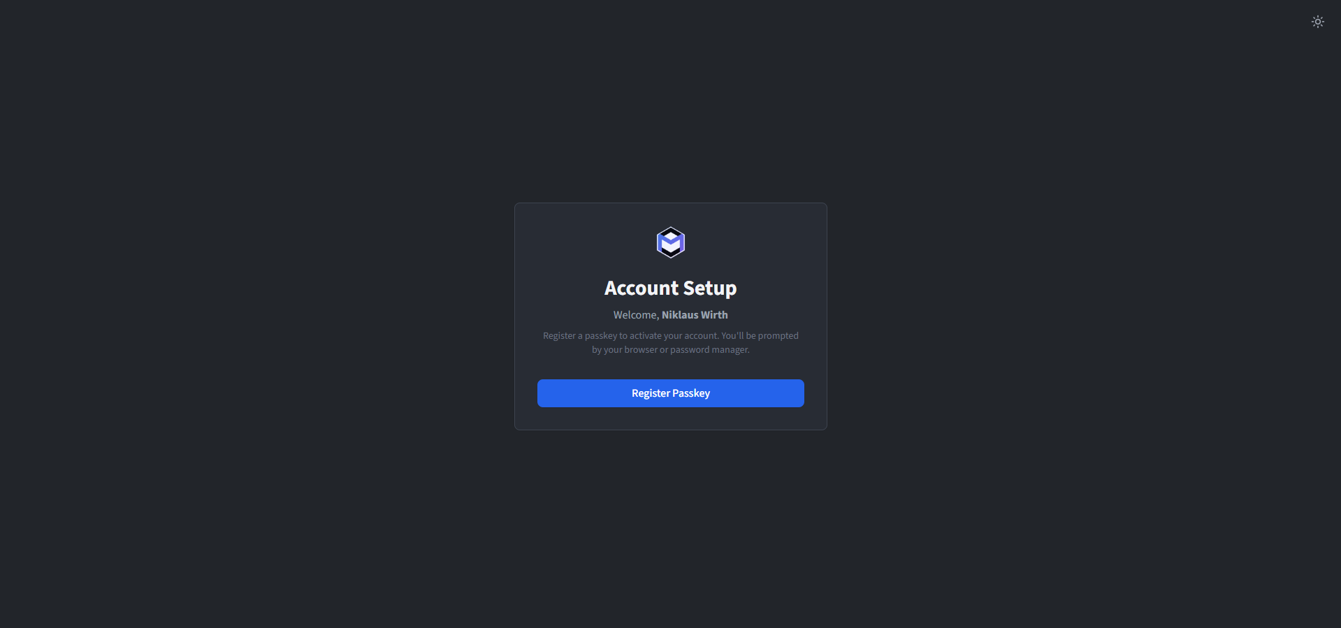 The activation page showing a passkey registration prompt
