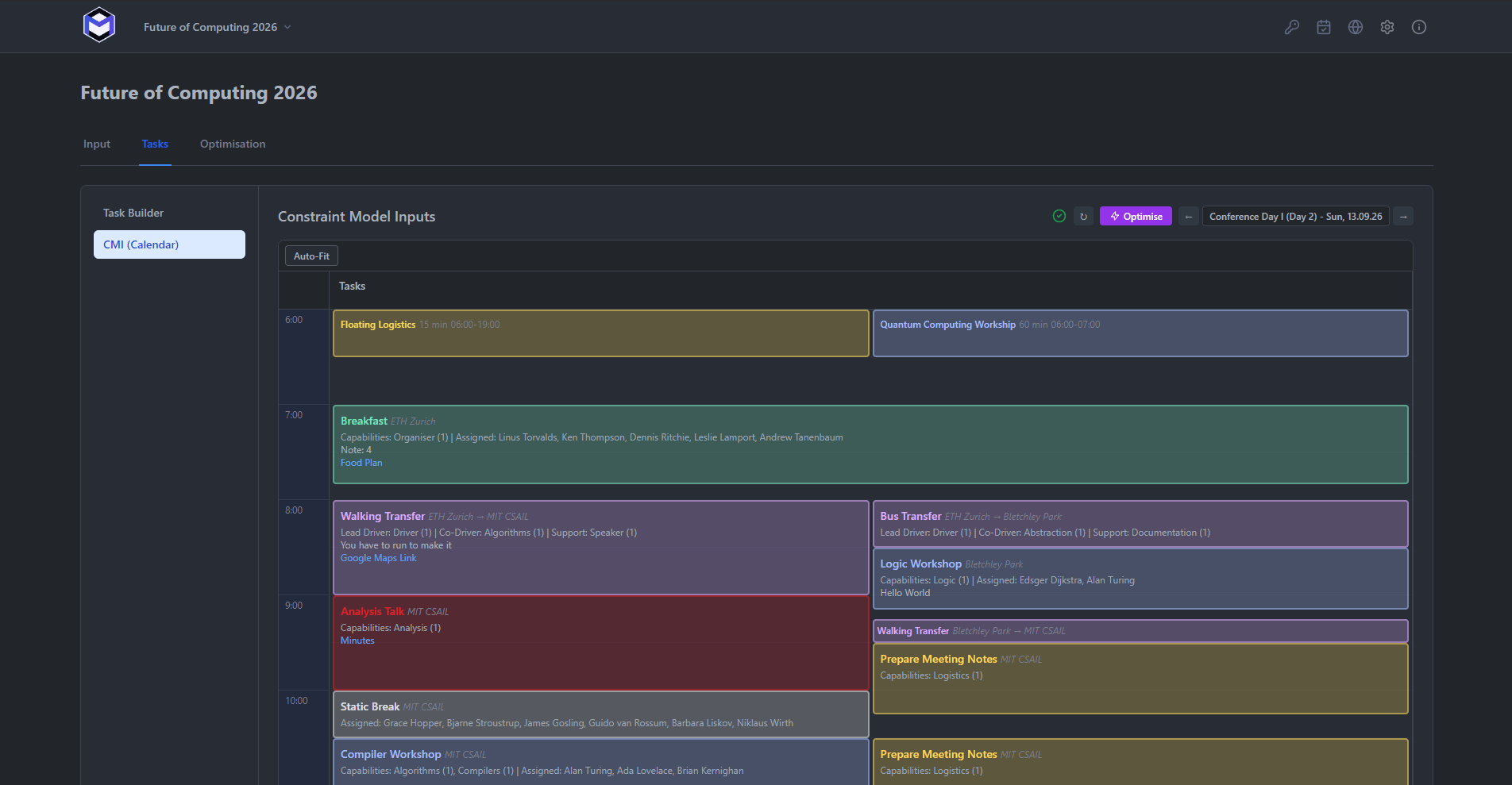 The CMI calendar view with tasks displayed as coloured blocks on a timeline