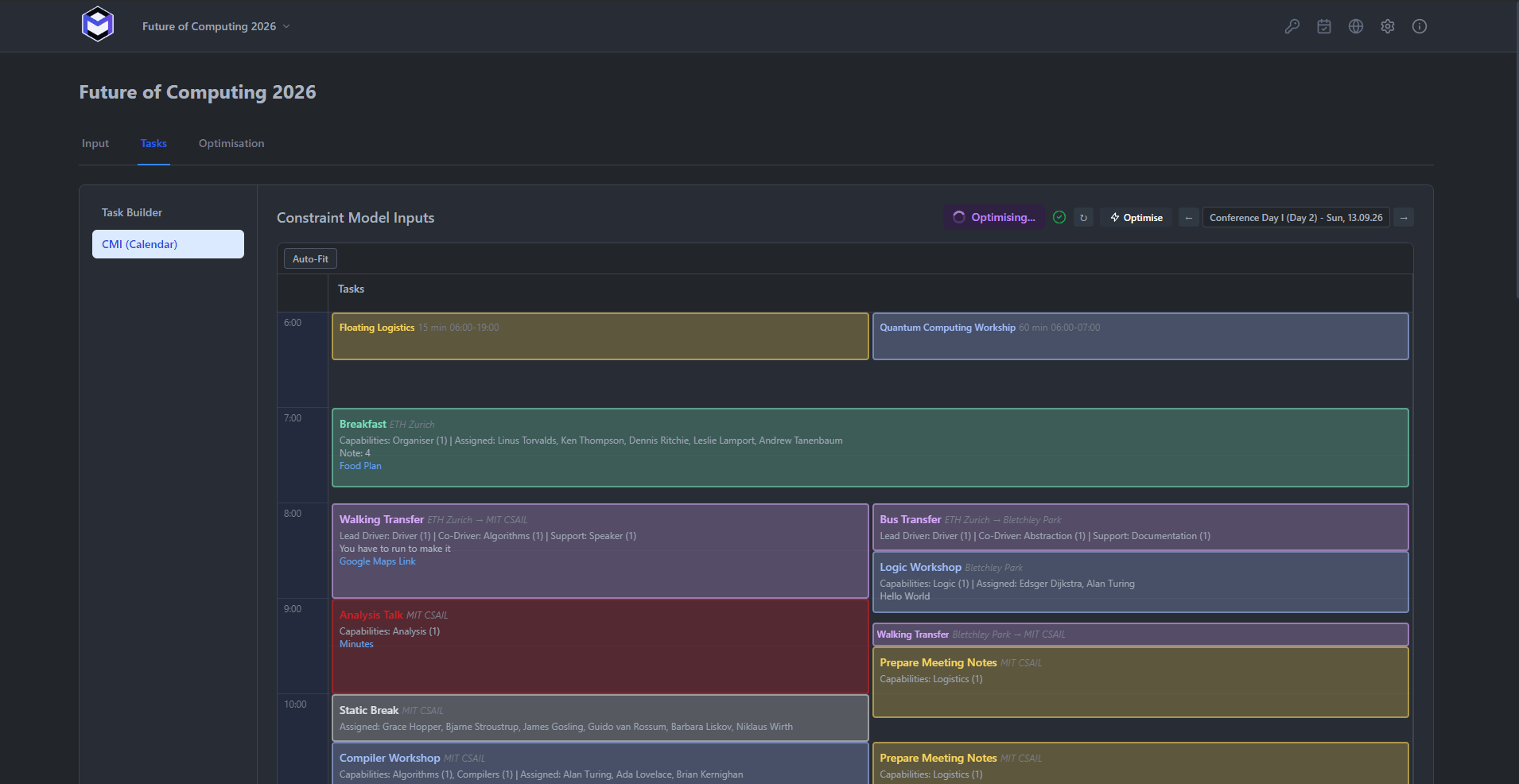 The optimisation panel showing solver progress and the Optimise button