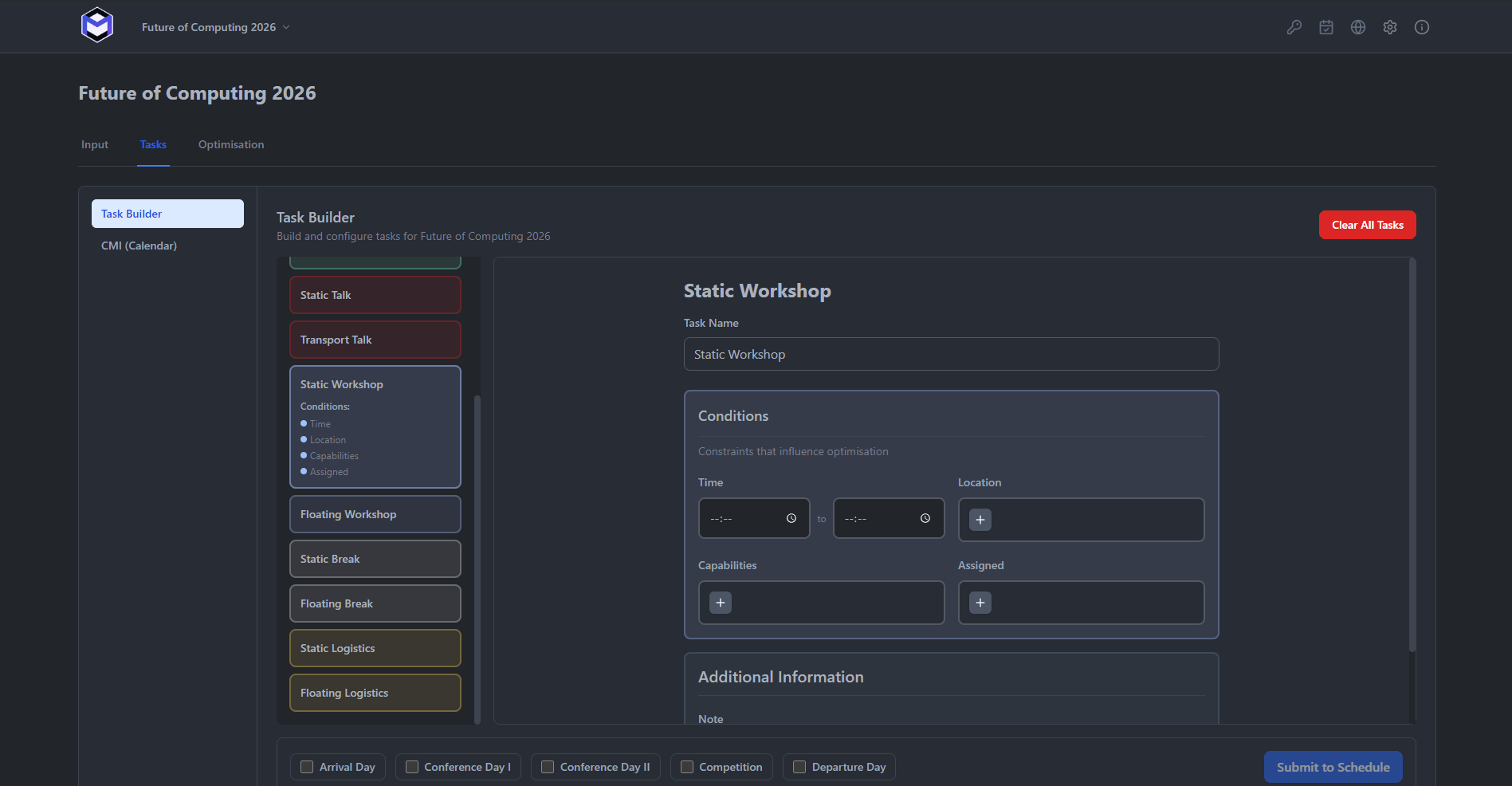 The Task Builder form showing fields for name, type, location, time, duration, and crew