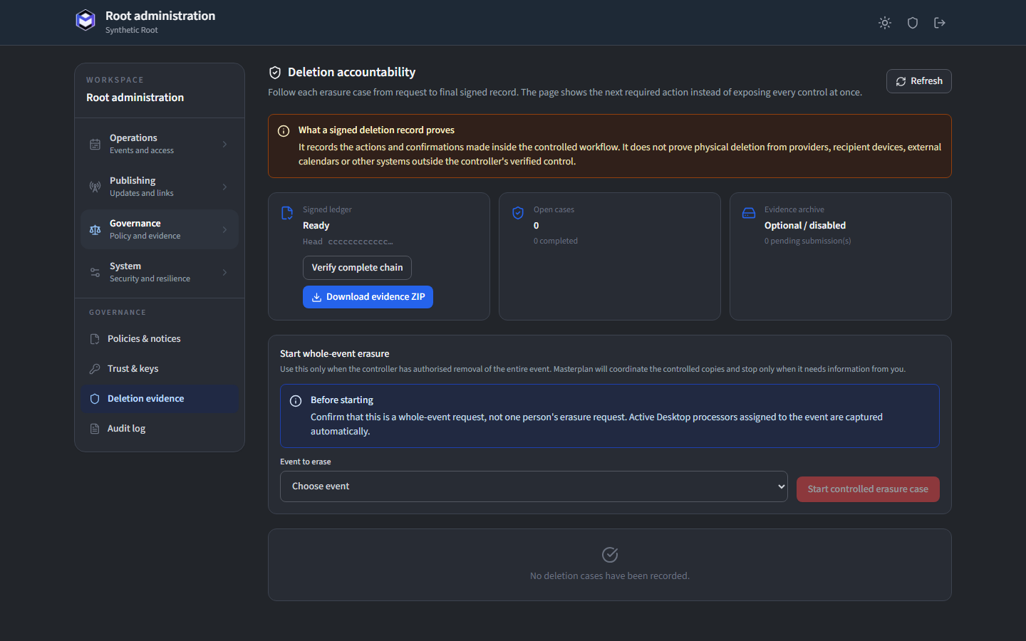 Root accountability evidence view for the synthetic NSC Glarus instance