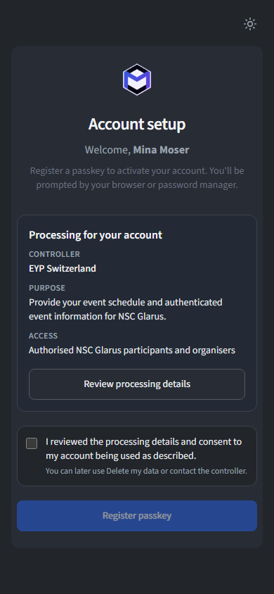Phone activation screen for Mina Moser showing the compact NSC Glarus processing summary and confirmation