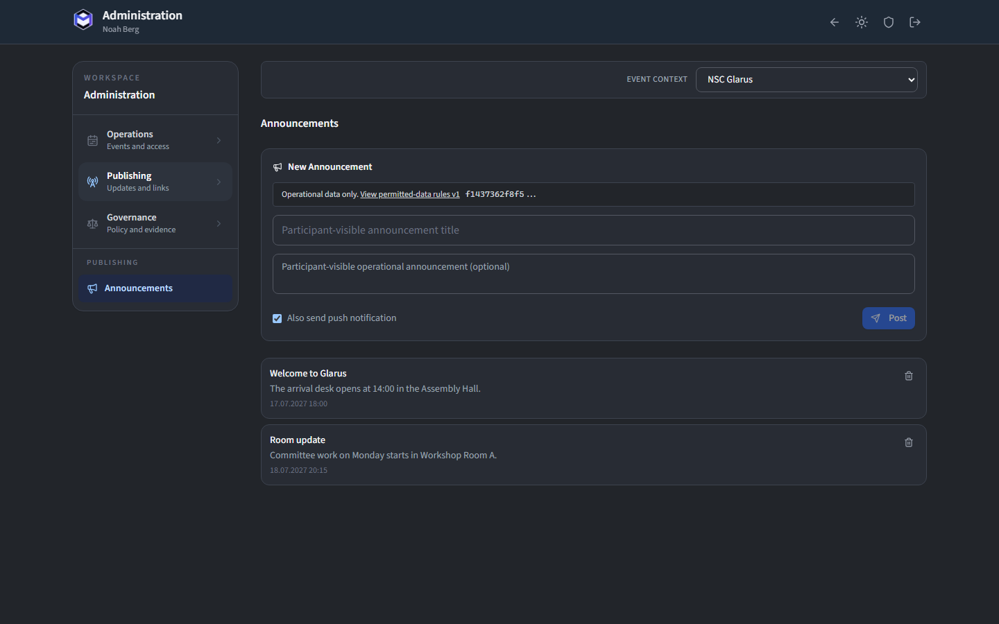 NSC Glarus announcements editor with two synthetic operational updates