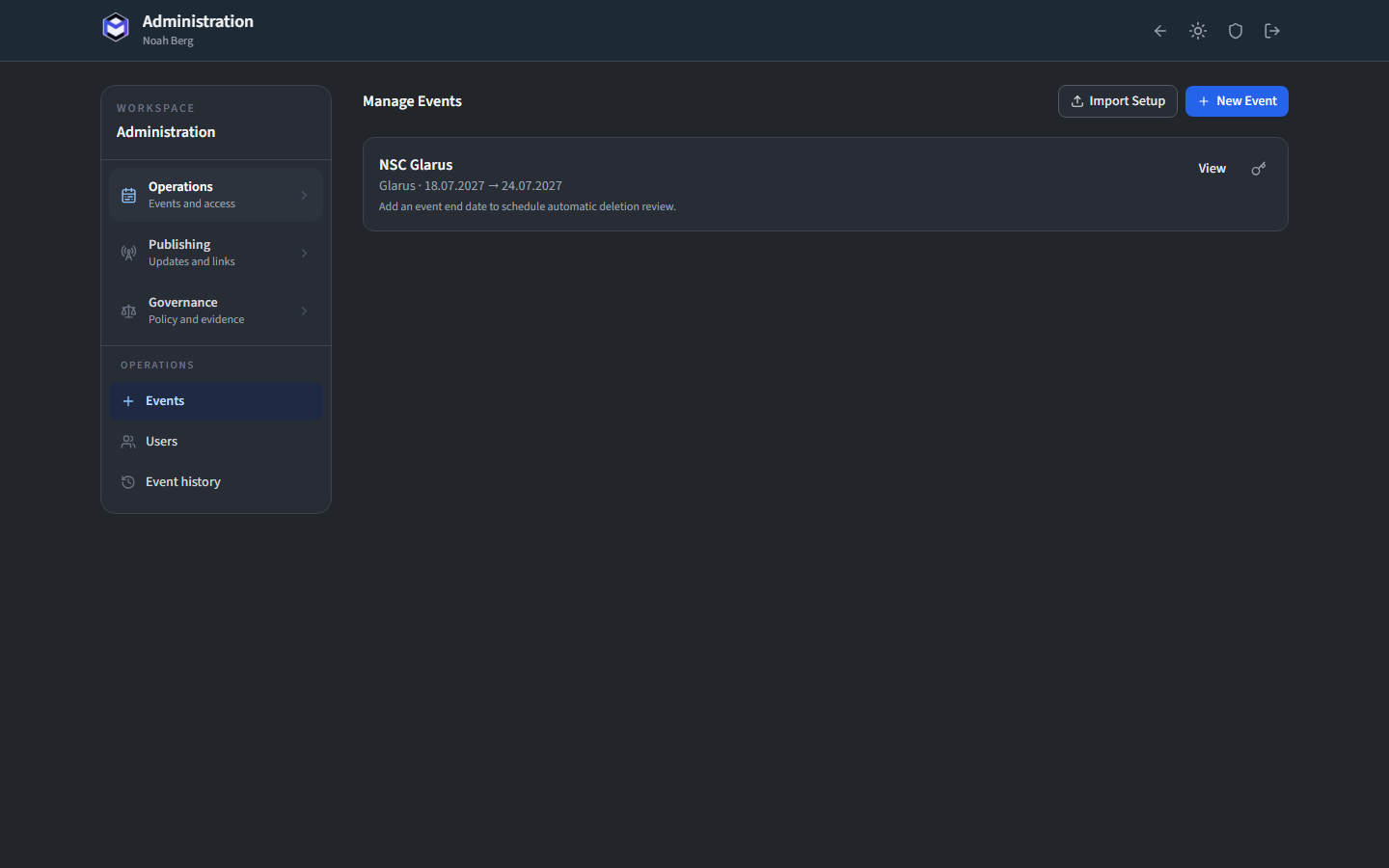 Server event administration showing the NSC Glarus event card