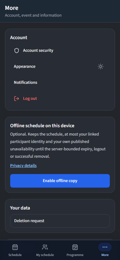 NSC Glarus More tab on a phone with account, offline schedule and information controls
