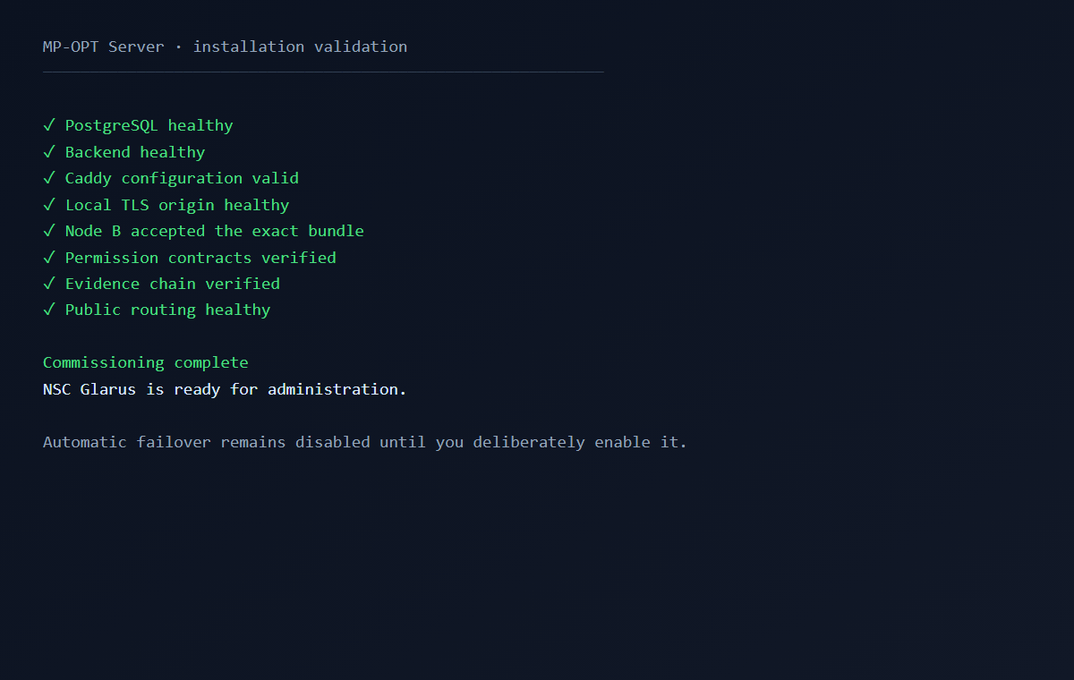 Synthetic MP-OPT installation validation showing healthy services, replication, permissions and evidence
